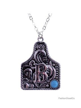 925 Silver Western Cattle Tag Initial Necklace Kingman Turquoise Heart Charm